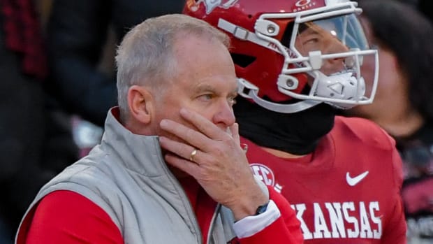 Razorbacks athletics director Hunter Yurachek on sidelines during blowout loss to Missouri.